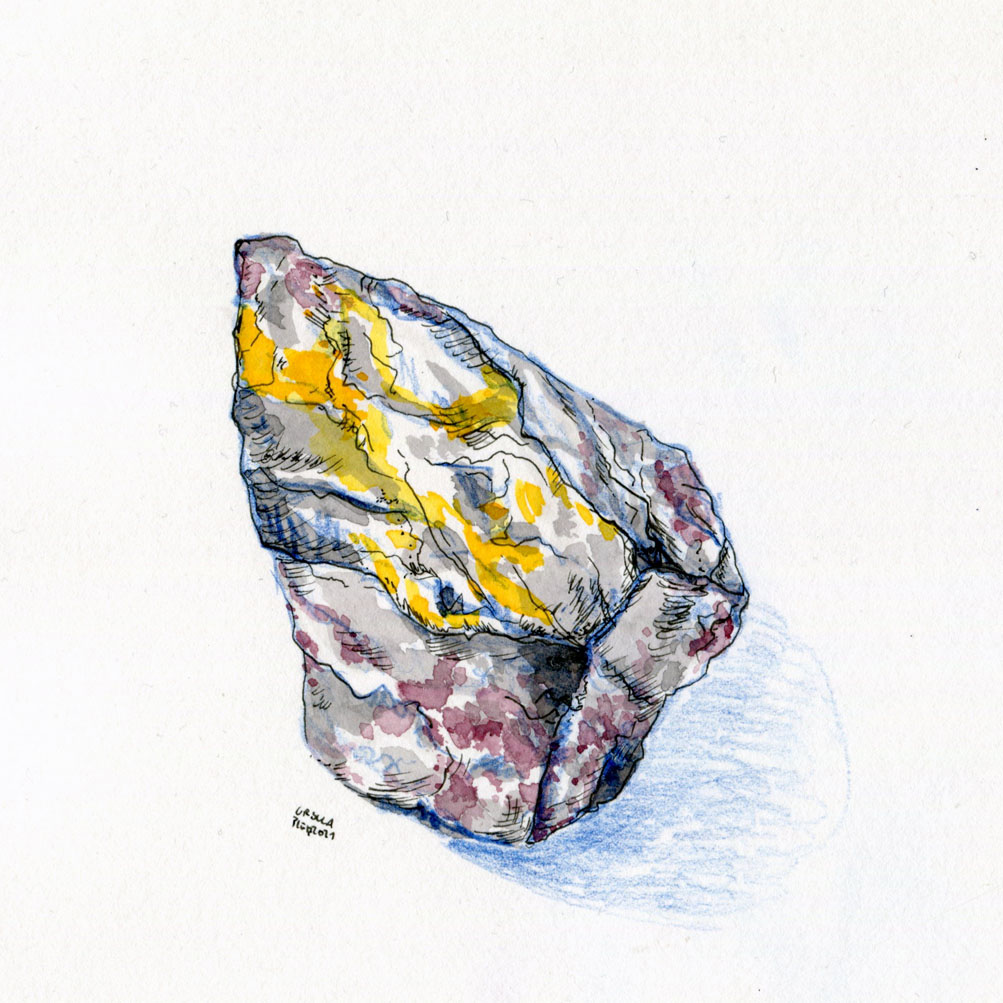 Stone drawn with bluecoloured pencils, inks (grey, brown, yellow) and black fineliner