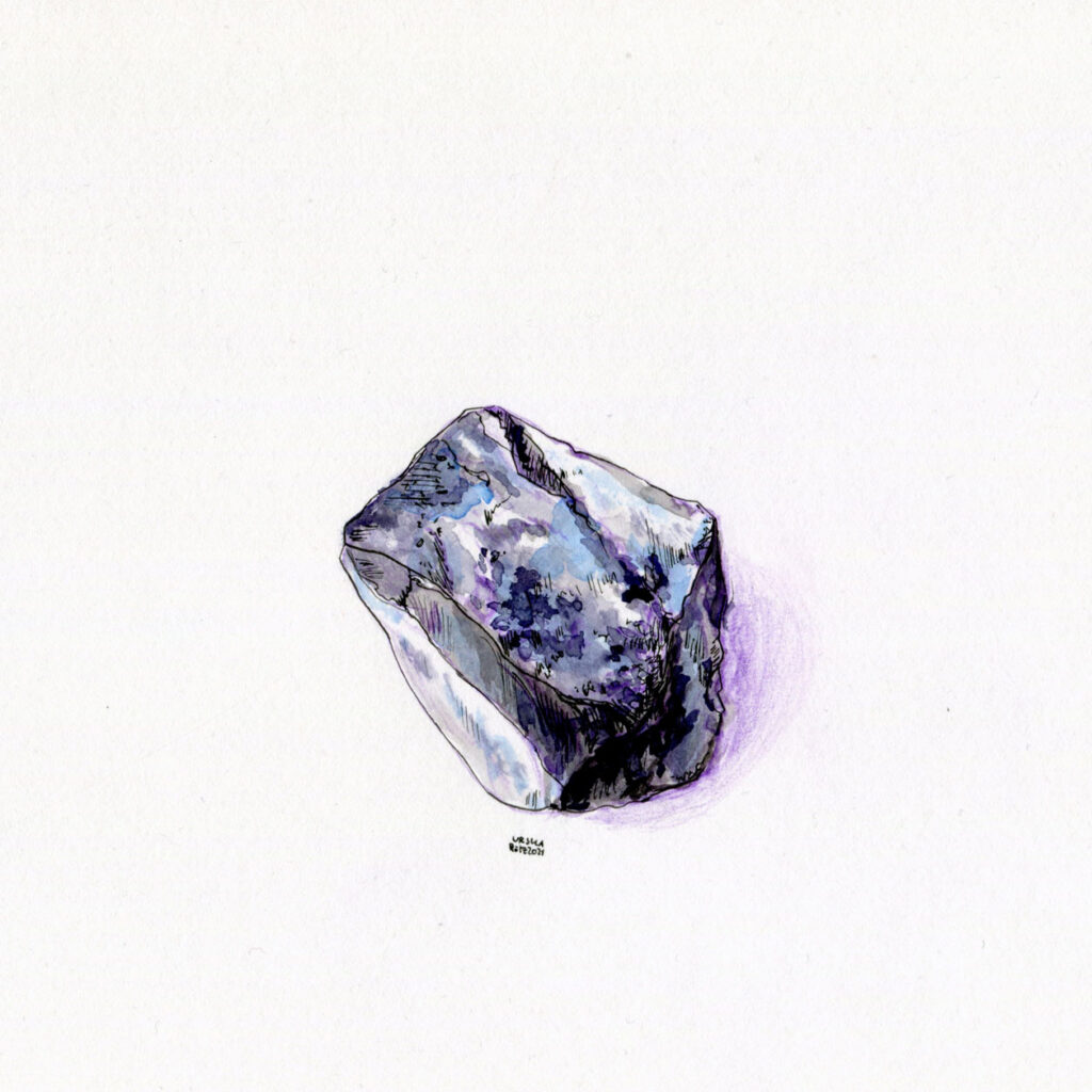 Stone drawn with blue coloured pencils, inks (grey, blue, purple) and black fineliner