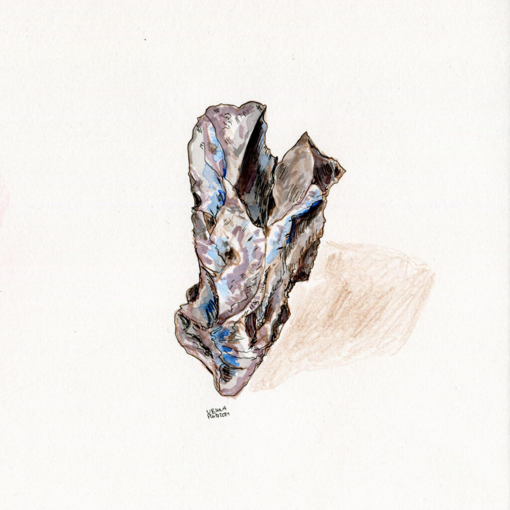Stone drawn with brown coloured pencils, inks (grey, brown, light blue) and black fineliner