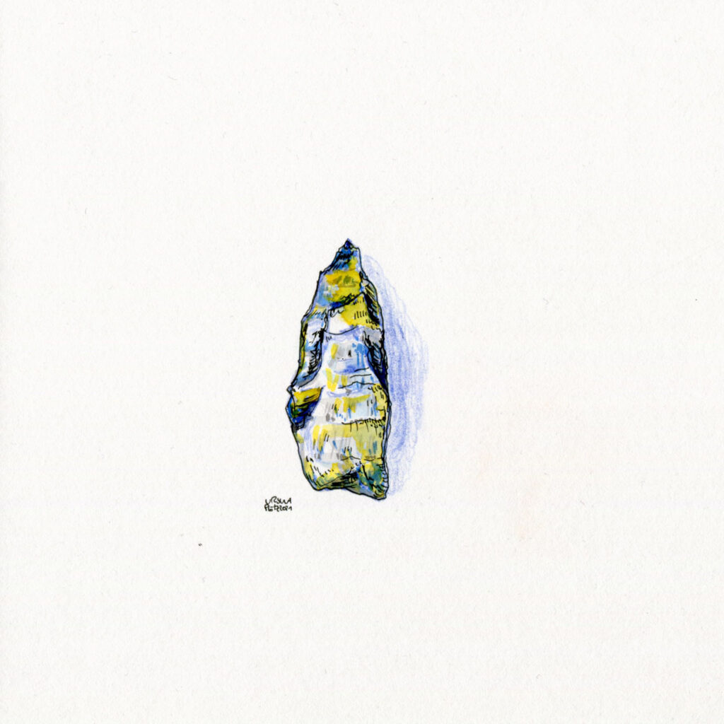 Stone drawn with blue coloured pencils, inks (grey, blue, yellow) and black fineliner