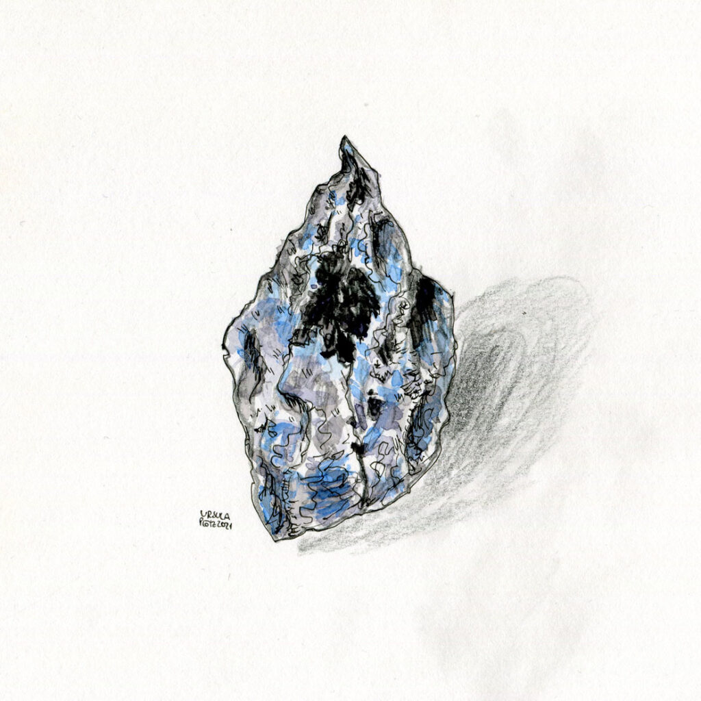 Stone drawn with blackcoloured pencils, inks (grey, light blue, black) and black fineliner