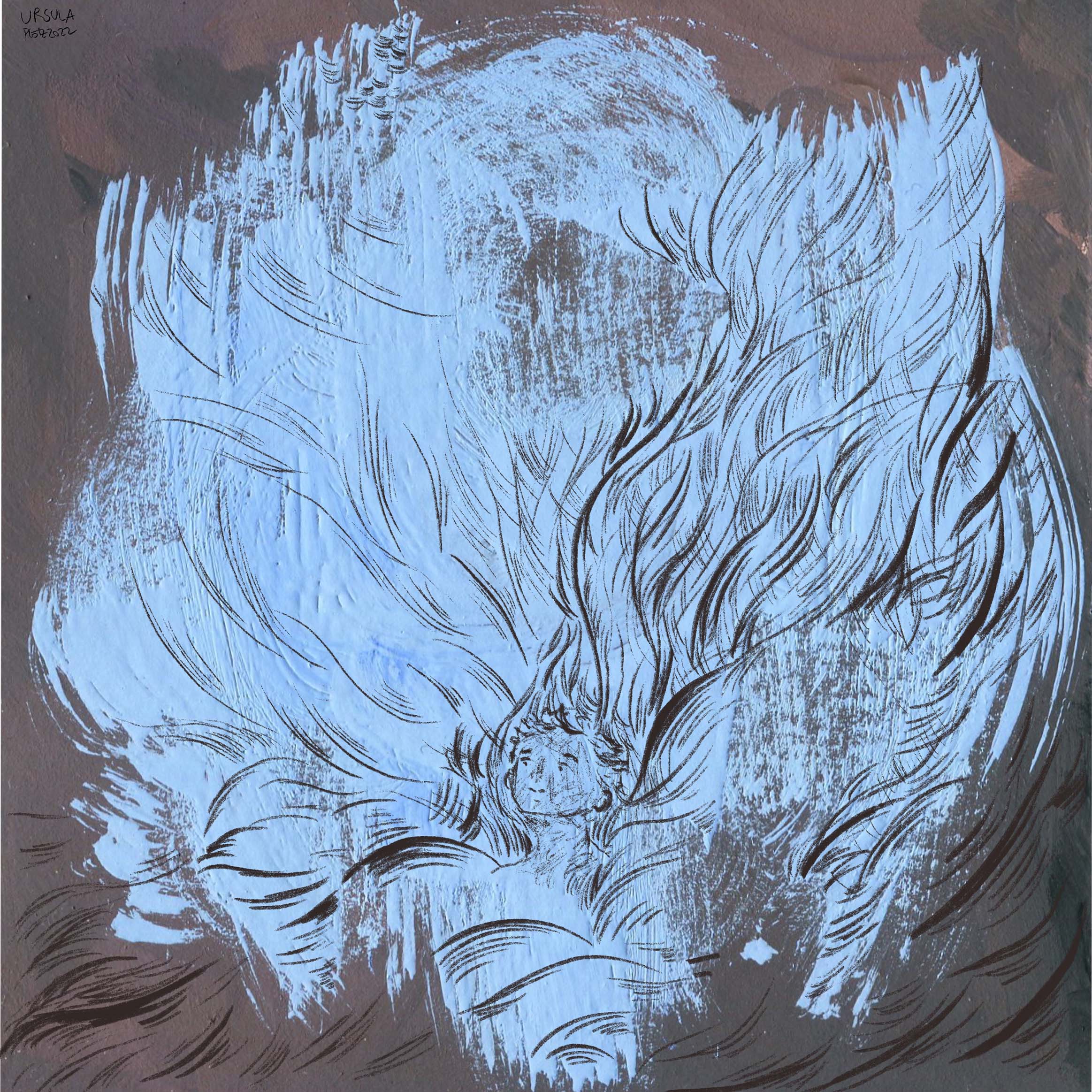 Pale brown background with pale light blue free form (gouache) and wavy dark brown line art on it (digital chalk-like)