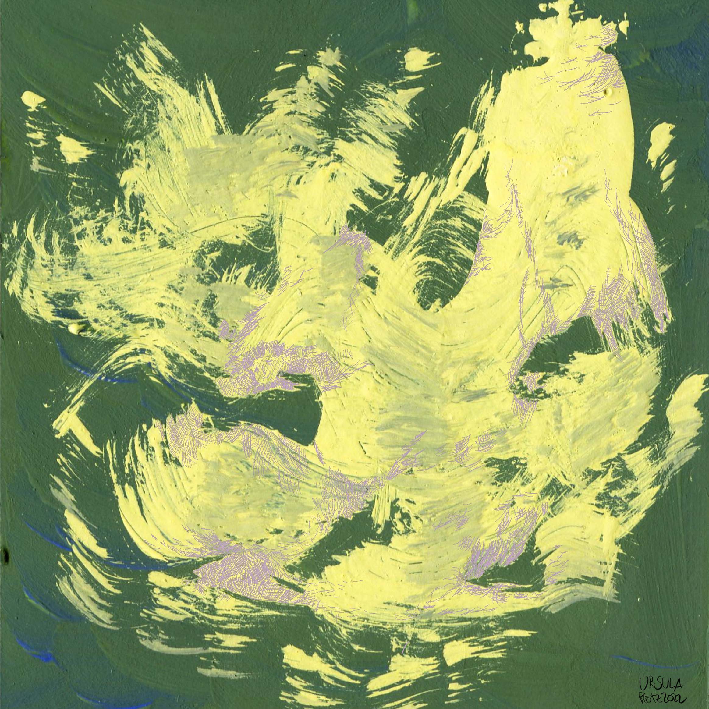 Yellow free form on dark green background (gouache) with pale lilac cross-hatched lines and tired face (digital)