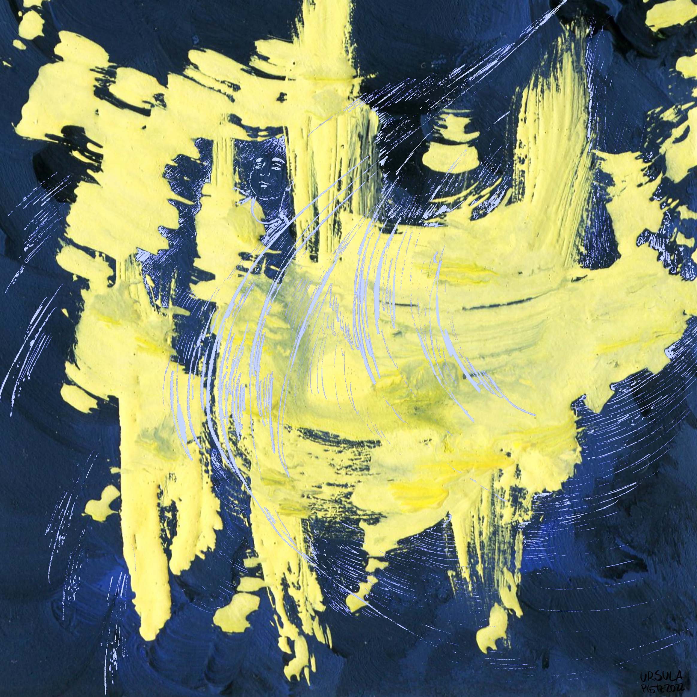 Dark blue background and bright yellow free form (gouache) and light icy blue lines flowing and glowing over it with a smirky face hidden (digitally drawn)