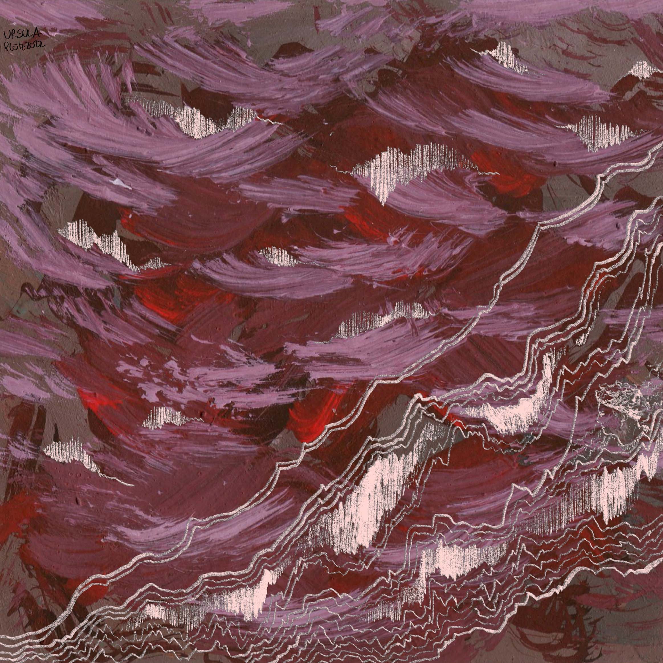 Brown background with red free form and berry waves (gouache) and light pink lines on it (digitally drawn)
