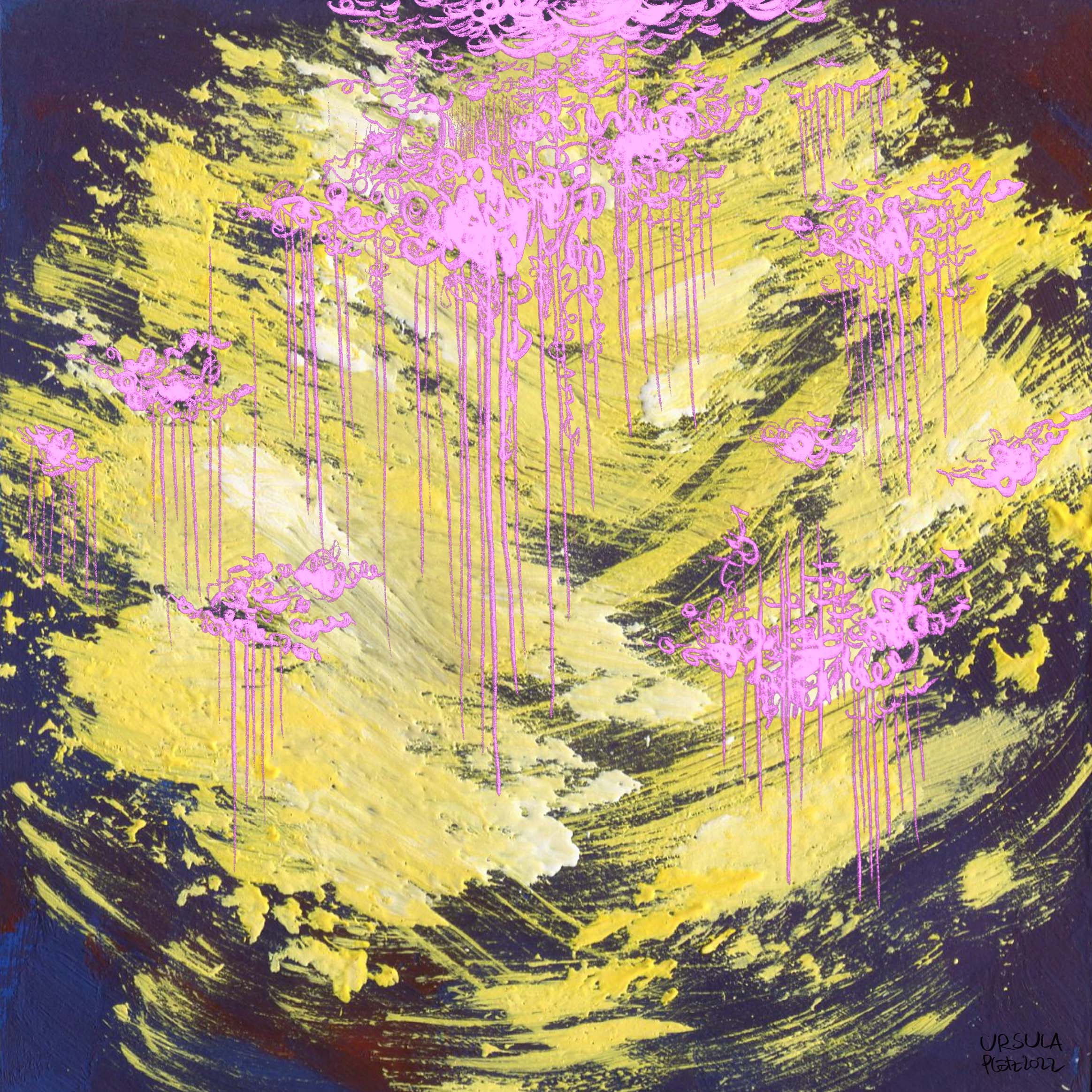 Bright yellow free form on dark blue reddish background with bright nearly neon pink lines on it like clouds (gouache and digital)
