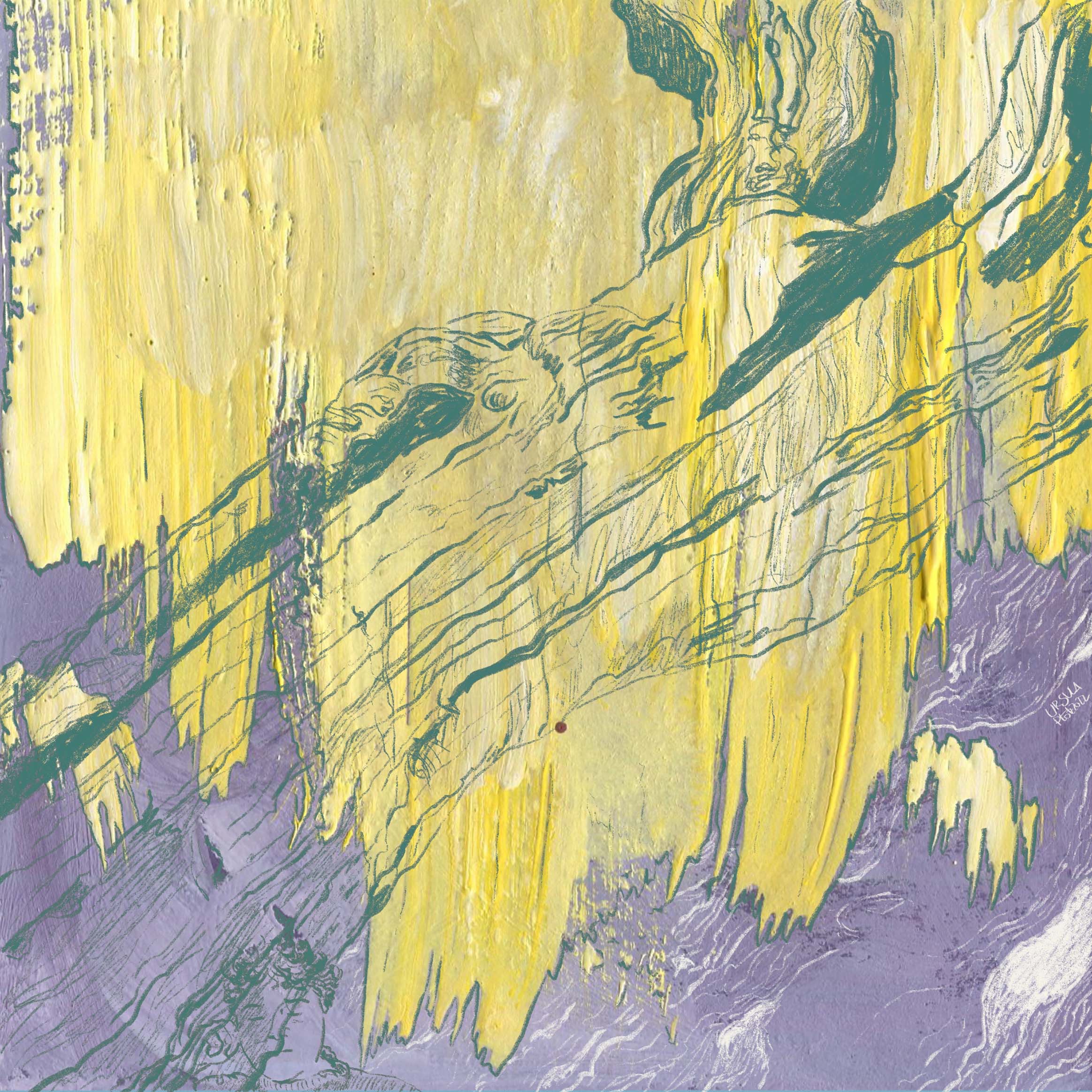 Lilac background with thick light yellow strokes of gouache, blue-green lines of a tree and a face on it + small white flows lines on the background (digitally drawn)