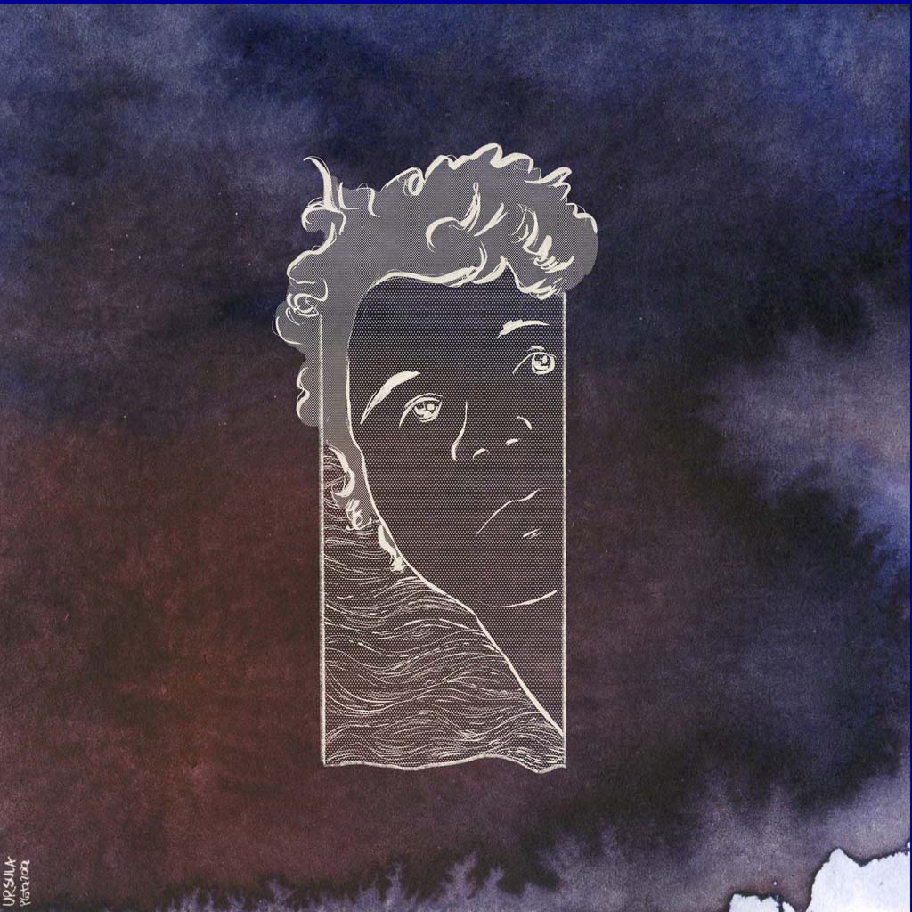 Brown blue ink background with a face looking up and curls, screentones on face and hair