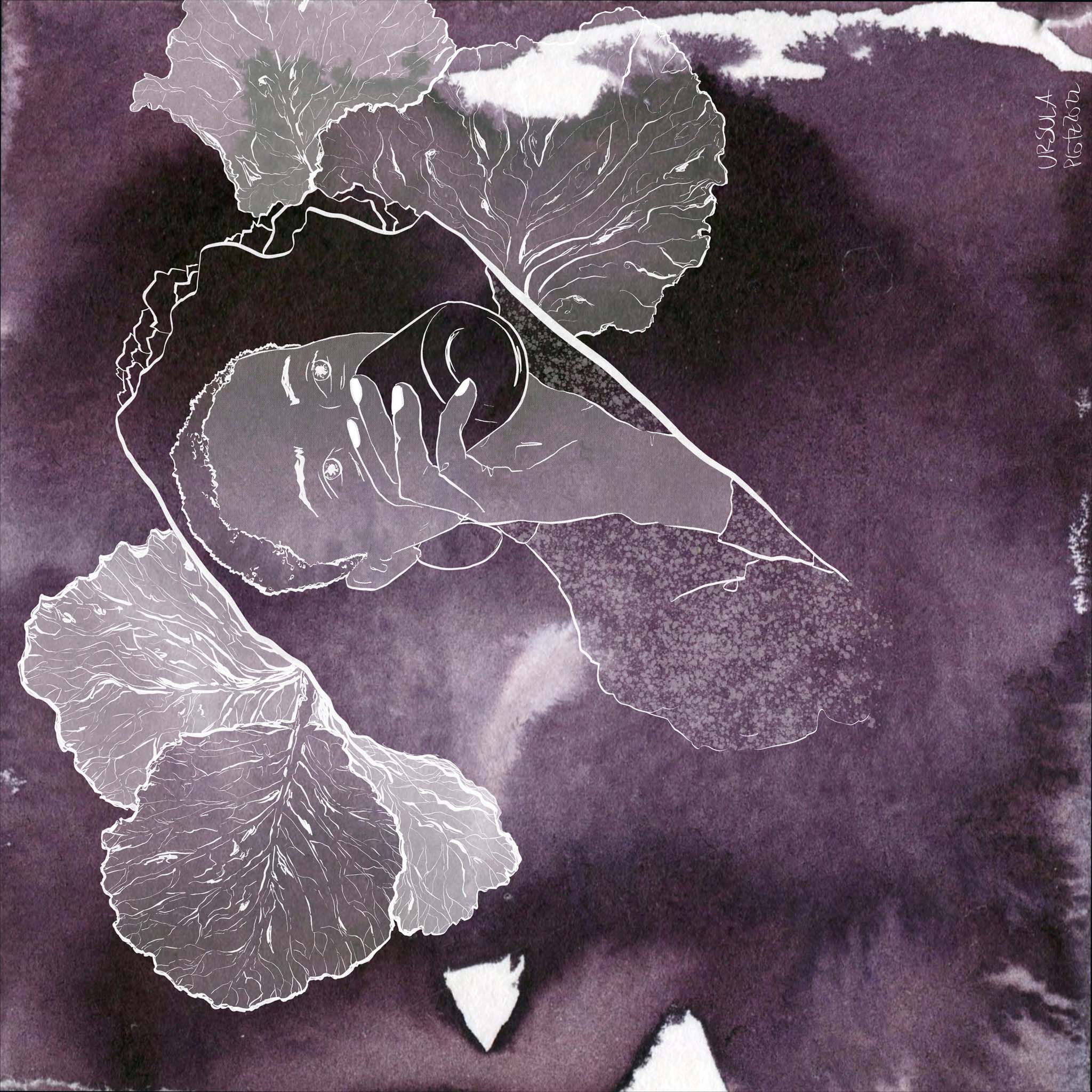 Dark purple ink background with short haired face, drinking out of a cup, cabbage leaves around them, digitally inke