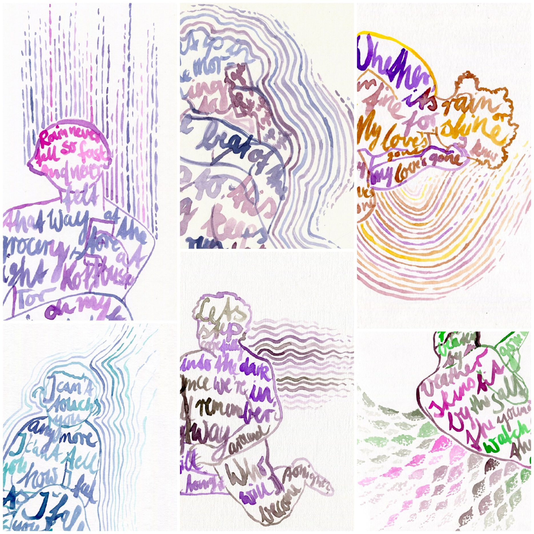 Collage of 6 drawings, each is a person with lyrics on them in colourful ink shades