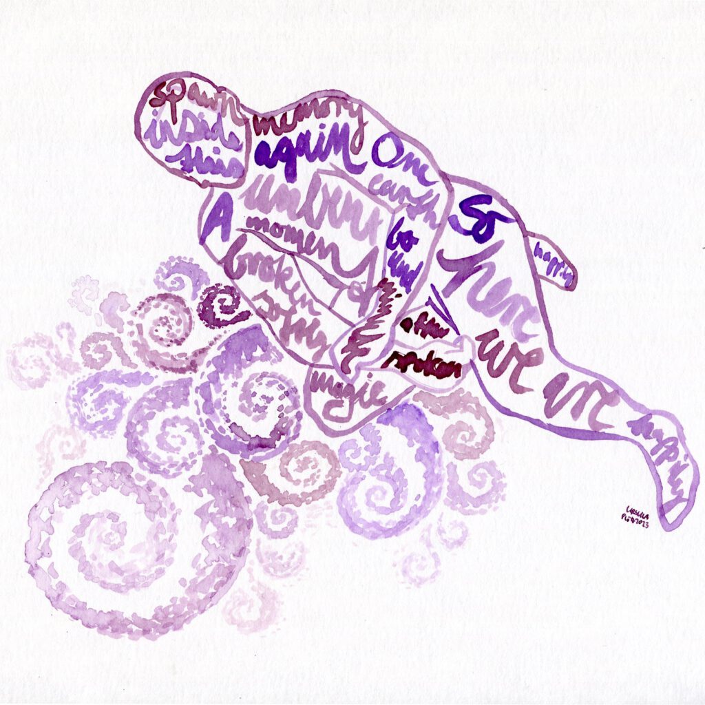 Ink drawing in shades of violet and brown of a sitting body. Over the whole body these are the lyrics written: Spawn inside this memory again One earthbound minute, unbent A moment broken Softly spoken, magic So here we are Happily, happily, (ever) after