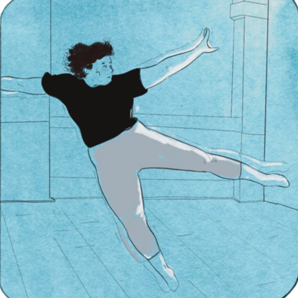 Person with short dark hair jumping in a dance studio, light blue background