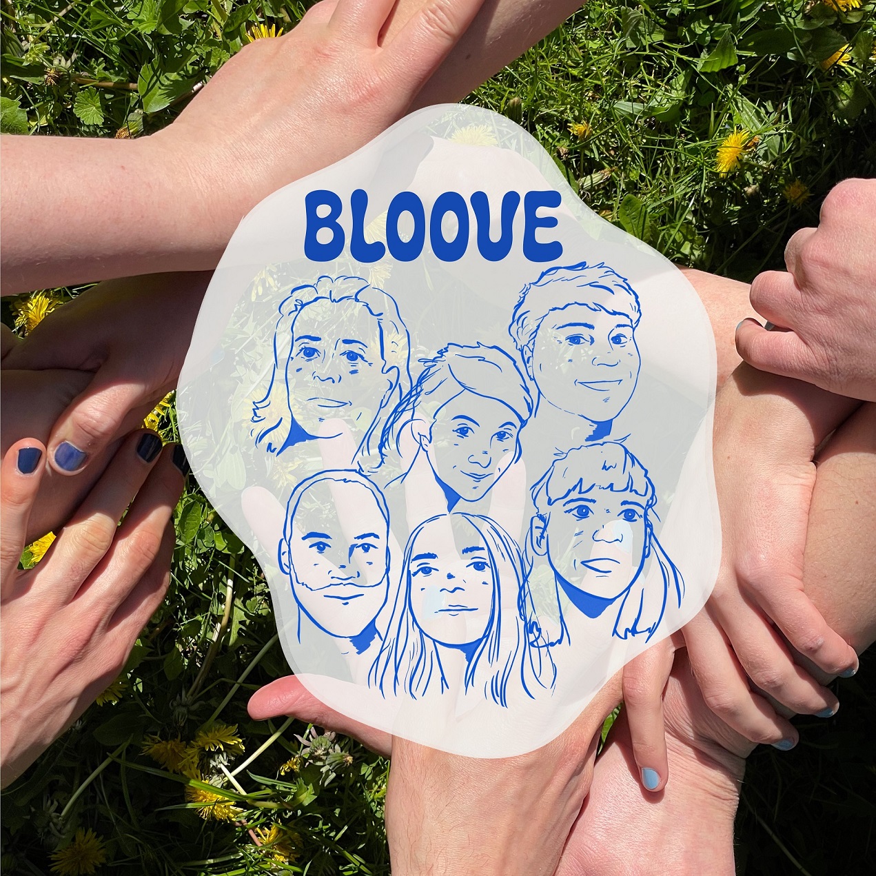 Postcard: 6 faces drawn in blue and the title "BLOOVE"; background is meadow and some hands with blue nail polish