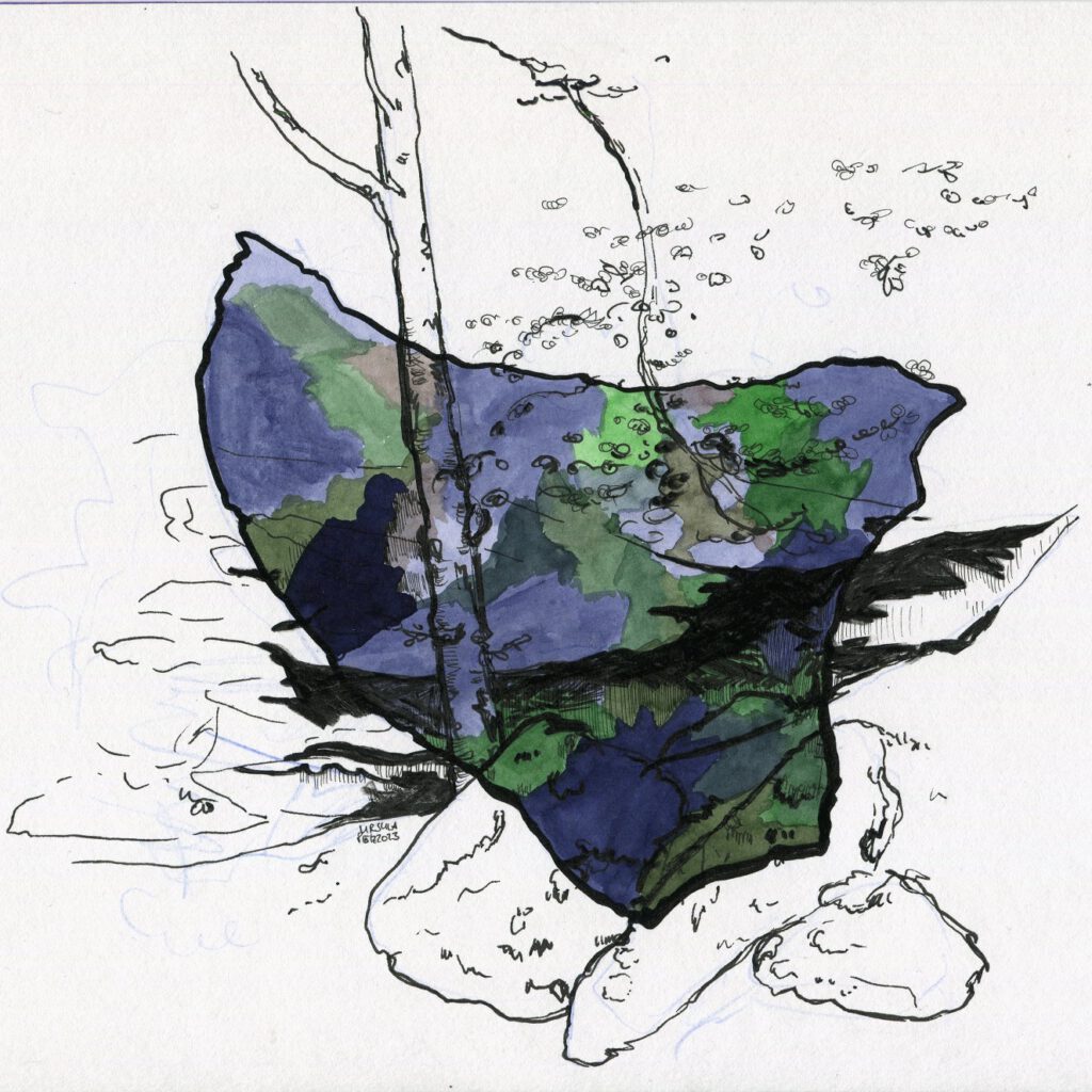 Black pencil drawing of trees and bushes on a stony rise with a little cave, coloured blob on it in differents shades of blue and green with some black areas in the middle