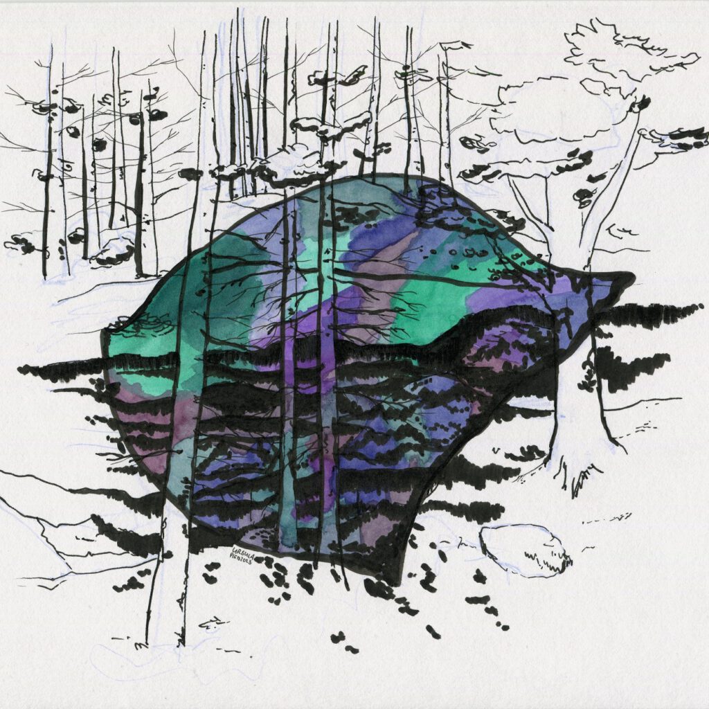 Black pencil drawing of trees and bushes on a stony hill with a small cave and more thin trees in the background, on it colored blobs in various shades of purple, blue and turquoise with many black areas in the middle interlaced