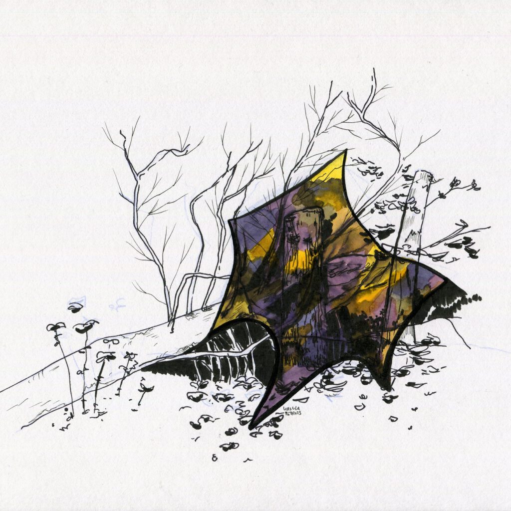 Black pencil drawing of trees, stumps and bushes, on it colored blob in various shades of yellow, brown and blue with many black areas in the middle interlaced