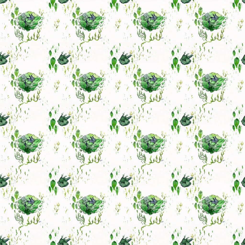 Repeating pattern of sleeping dragons and broccoli elements and little drops in ink shades of green, blueish green and yellow