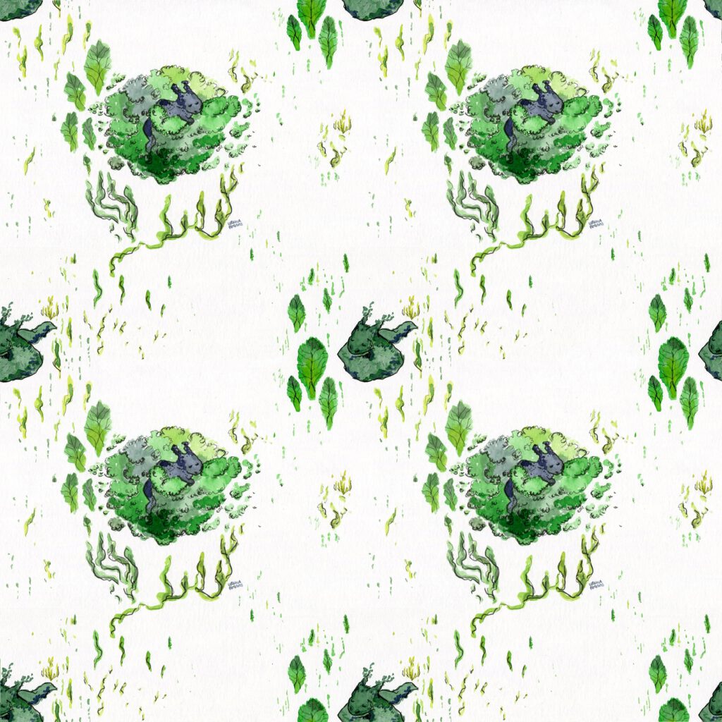Repeating pattern of sleeping dragons and broccoli elements and little drops in ink shades of green, blueish green and yellow