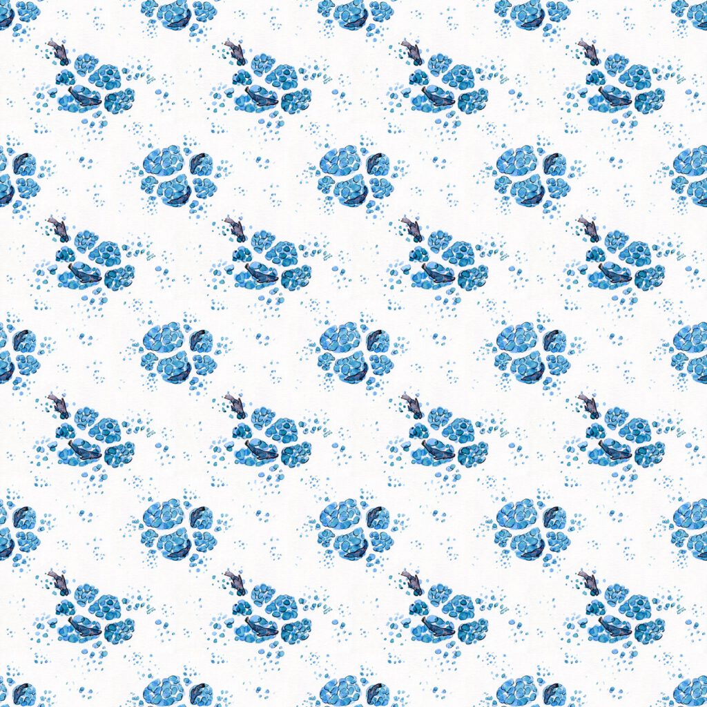 Repeating pattern of water bubbles and small seals and little drops in ink shades of blue, turquoise and mauve