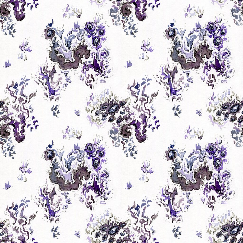 Repeating pattern of flame like forms with small round gemstones and abstract dragons in it in ink shades of dark purple, blue and grey