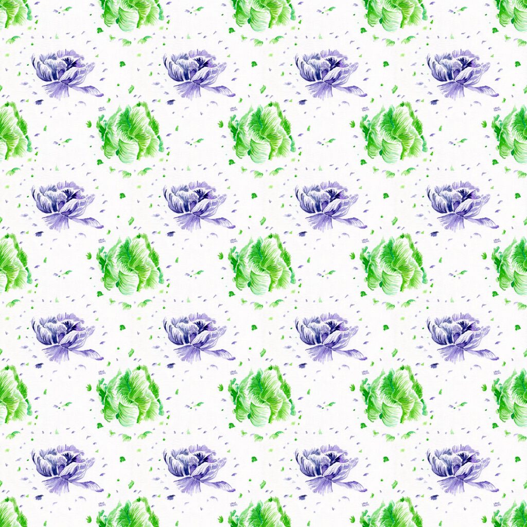 Repeating pattern of green parrot and violet tulips