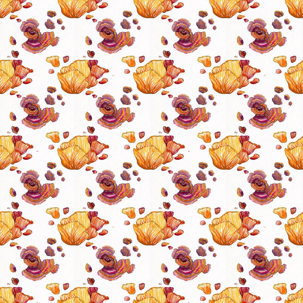 Repeating pattern of mushrooms in inks shades of yellow, orange, pink and maroon