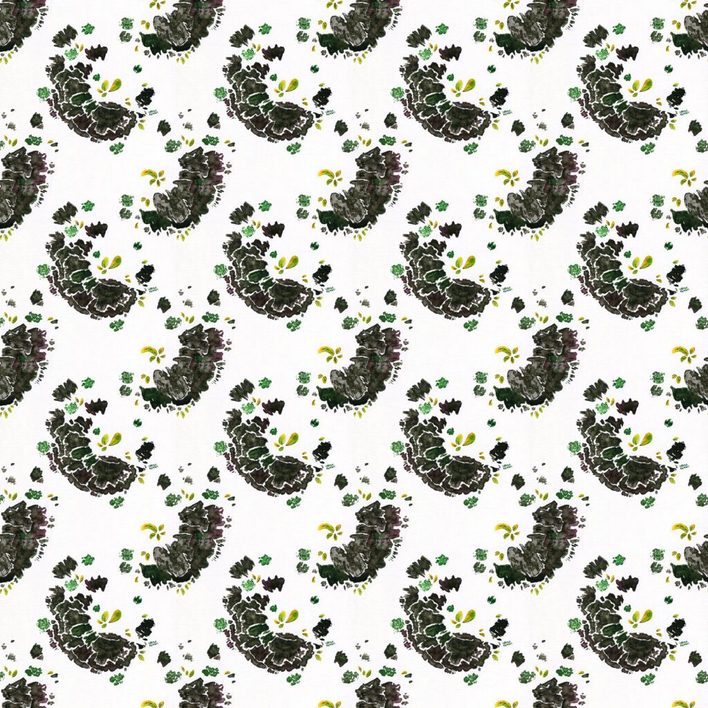 Repeating pattern of tree stump forms and little moss and little leaves in inks shades of dark grey, dark green, maroon and light green