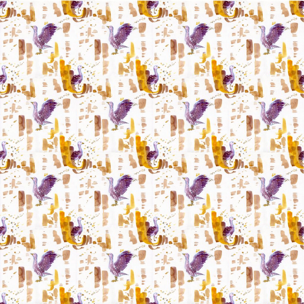 Repeating pattern of geese and daisies and little dops in ink shades of brown, yellow, lilac