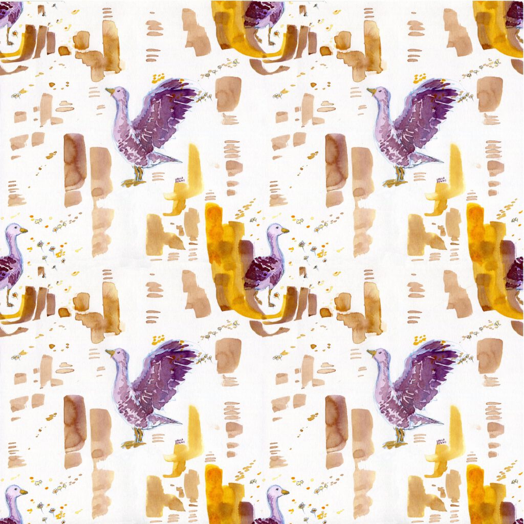 Repeating pattern of geese and daisies and little dops in ink shades of brown, yellow, lilac