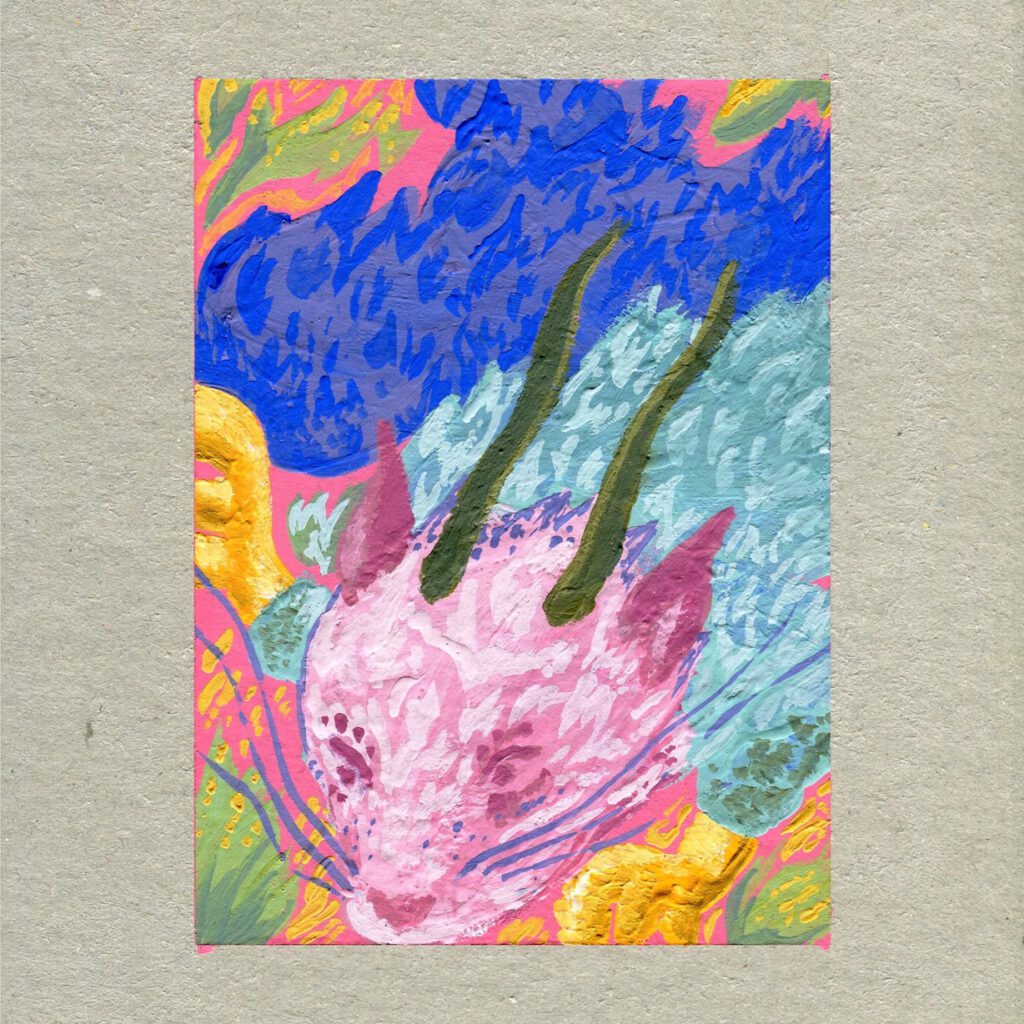 Colorful dragon leaning down with pink, turquoise, blue and yellow tones in gouache with a cardboard frame