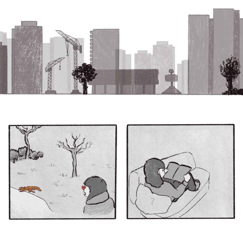 Excerpt from a comic page: Header with concrete Plattenbauten and two small panel with a child admiring a running squirrel and same child with reading a book on a sofa