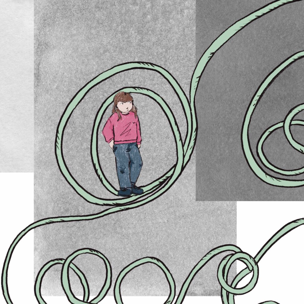 Excerpt from a comic page: Child around 10 years old with a pink sweater and jeans surrounded by large rope curls and some grey blocks in the background