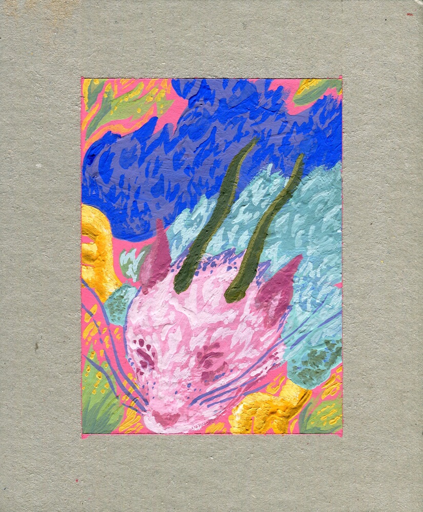 Colorful dragon leaning down with pink, turquoise, blue and yellow tones in gouache with a cardboard frame