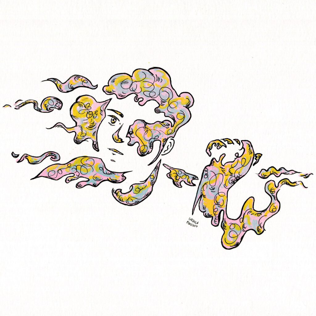 Drawing of a person (only the bust and one hand) with foggy swirls creating the contours in pale pink, light blue and yellow shades and black outlining