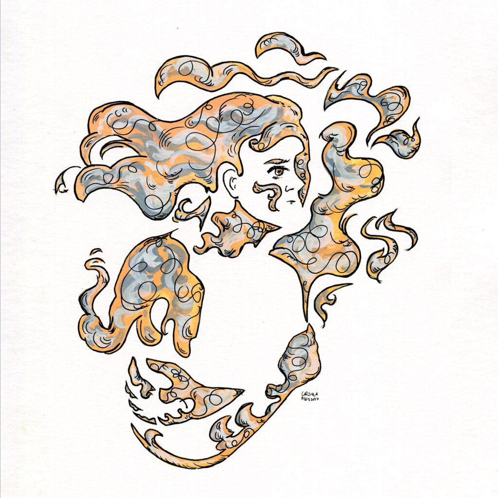 Drawing of a person (only the bust and crossed arms) with foggy swirls creating the contours in orange, dark grey and light grey shades and black outlining