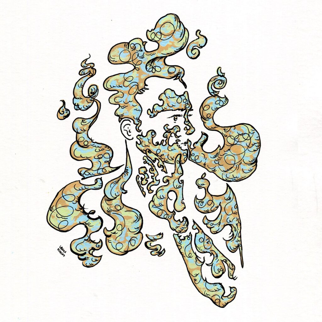 Drawing of a person (only the bust, one hand at the chin) with foggy swirls creating the contours in beige, light blue and pale green shades and black outlining