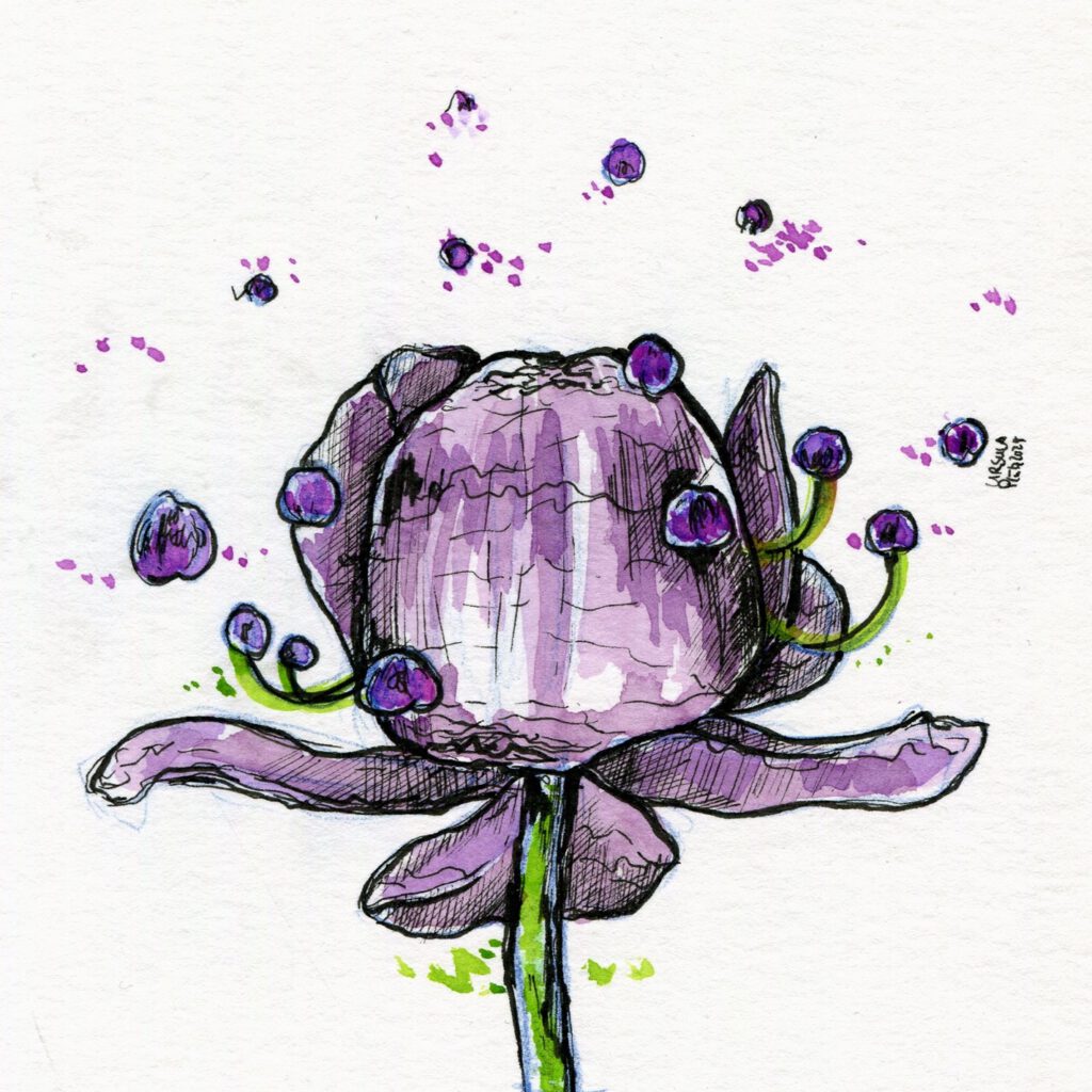 Ink drawing of a with floating berries in shades of lilac and mauve with black outlining