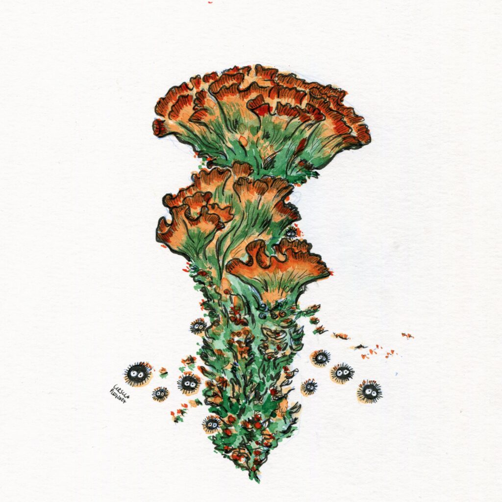 Ink drawing of celosia with small soot sprites living in the shadows, shades of orange and turquoise green with black outlining