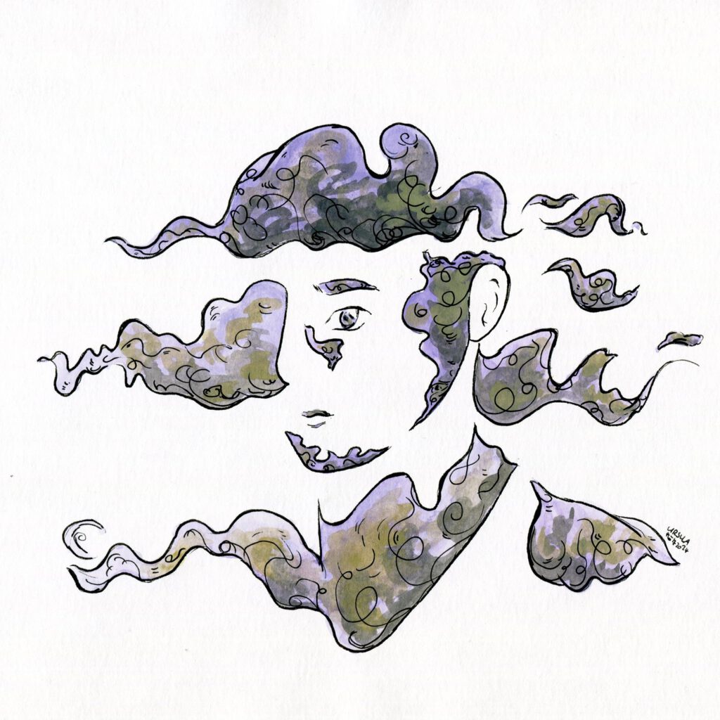 Drawing of a person (only the bust) with foggy swirls creating the contours in lilac-grey-green shades and black outlining