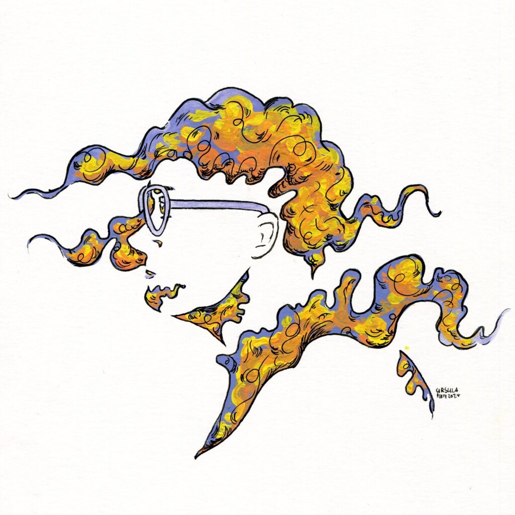 Drawing of a person (only the bust) from the side with glasses and with foggy swirls creating the contours in violet, orange and yellow shades and black outlining