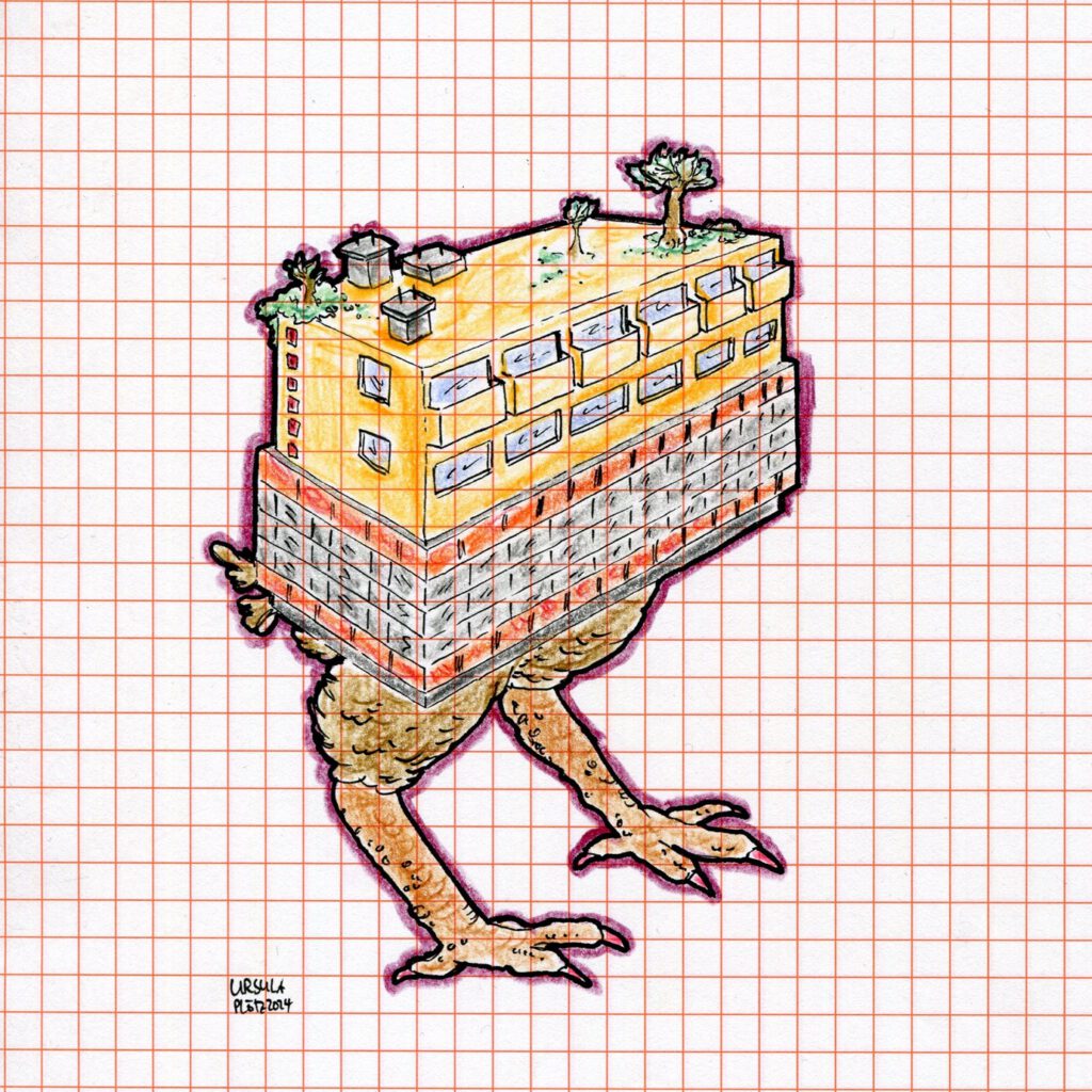 Drawing of a little Plattenbau (panel building) on chicken feet and with some little trees and bushes on the roof, coloured with crayons and black outlining on orange checkered paper