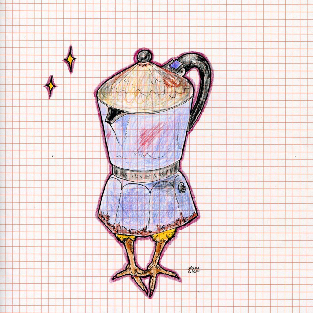 Drawing of a light blue moka pot with chicken feet and a little blush, coloured with crayons and black outlining on orange checkered paper