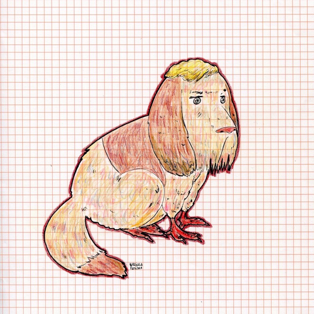 Drawing of a sitting dog with chicken feet and a suspicious look, coloured with crayons and black outlining on orange checkered paper