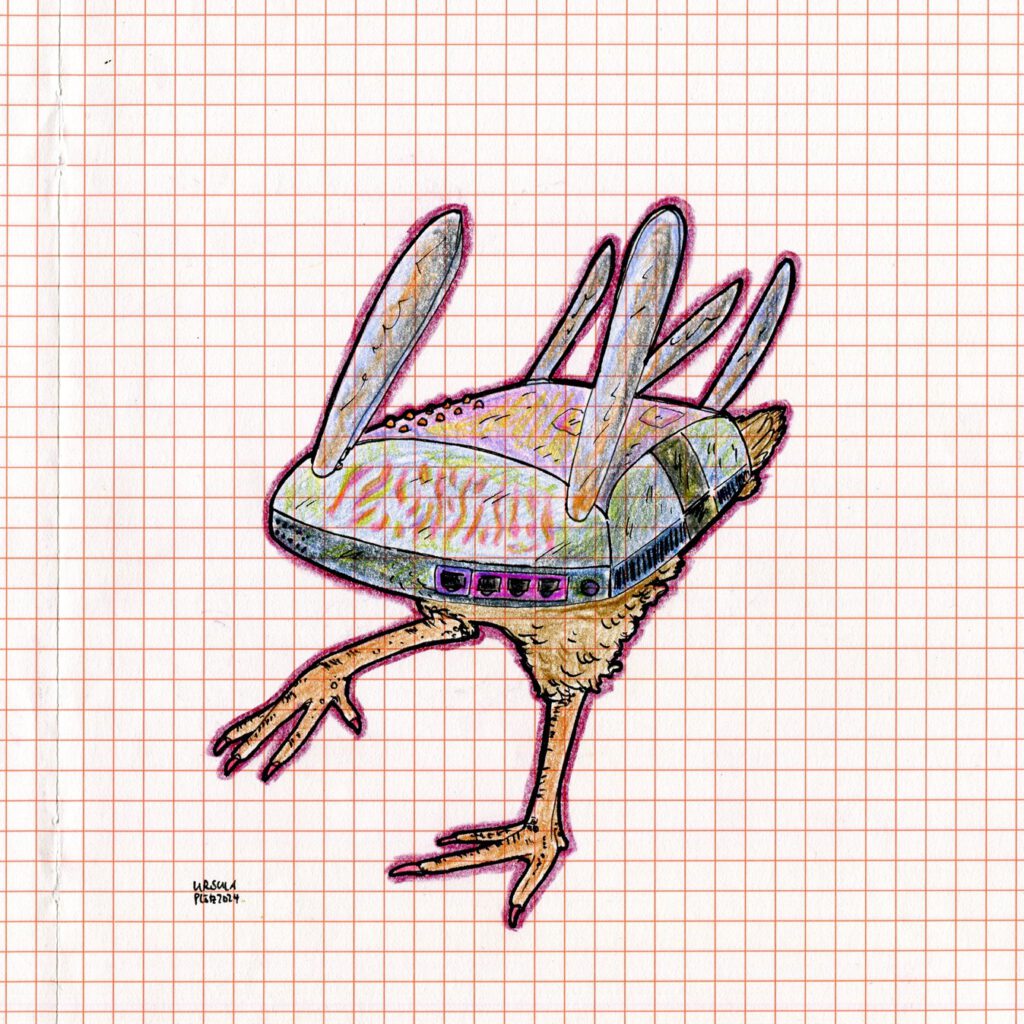 Drawing of a colourful router with chicken feet, coloured with crayons and black outlining on orange checkered paper