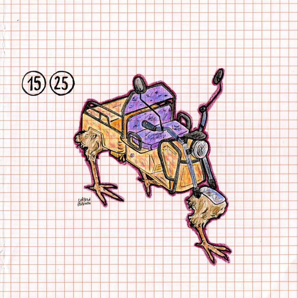 Drawing of a cargo trycicle wit chicken feet coloured with crayons and black outlining on orange checkered paper