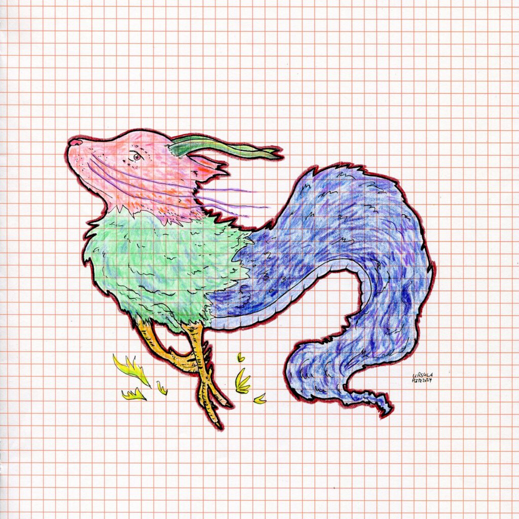 Drawing of a colorful dragon floating with chicken feet in pink, turquoise, blue and yellow tones coloured with crayons and black outlining on orange checkered paper