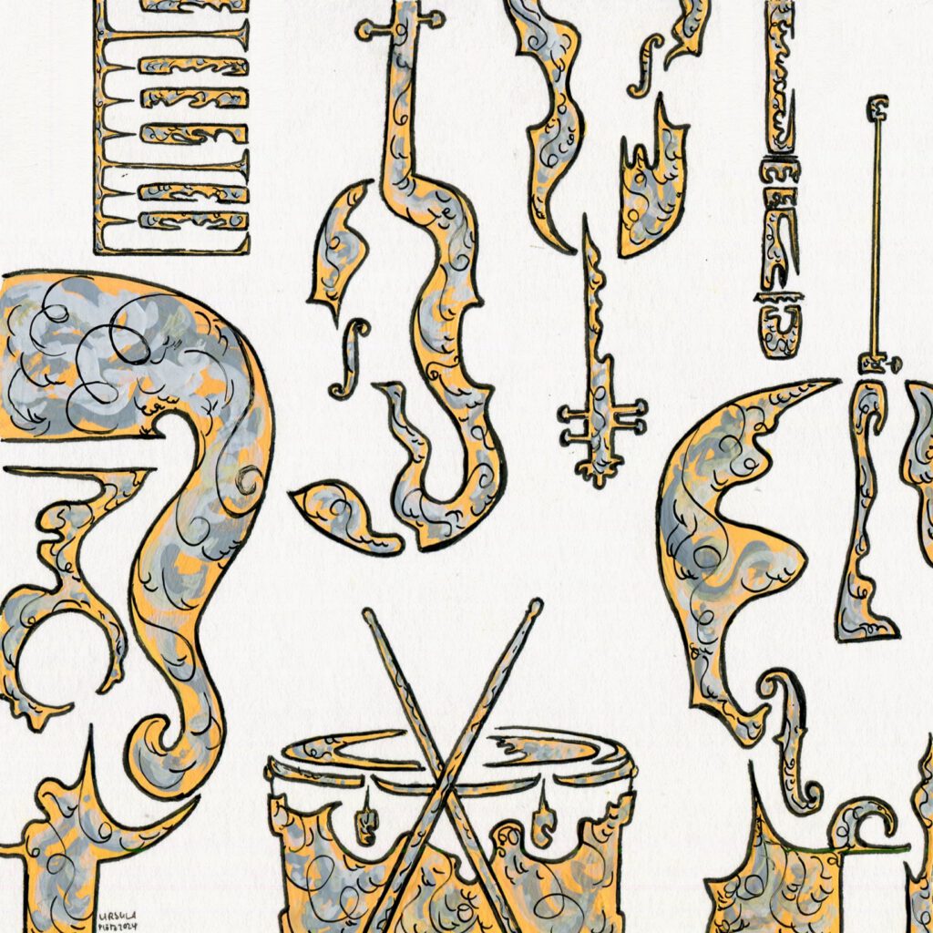 Painting of 2 violins, 1 keyboard, 1 flute, 1 guitar, 1 cello and 1 drum with 2 drumsticks, painted with gouache in yellow-orange and light grey highlights and black outlines