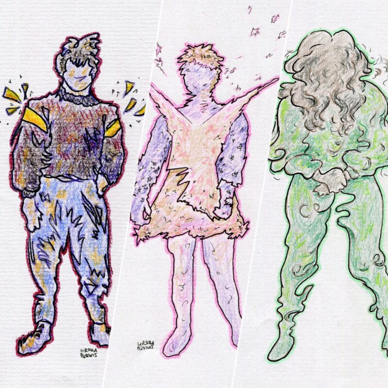 Collage of 3 ghostly people drawn with coloured pencils, one smiling with messy hair, one pointy and glittery, one strong and green and curly