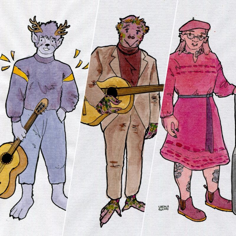 Collage of 3 supernatural people drawn with inks, one smiling with antlers and a rabbit face, one with a parakeet face and bird feet, one is a reddish mushroom orc witch, everyone is having a guitar