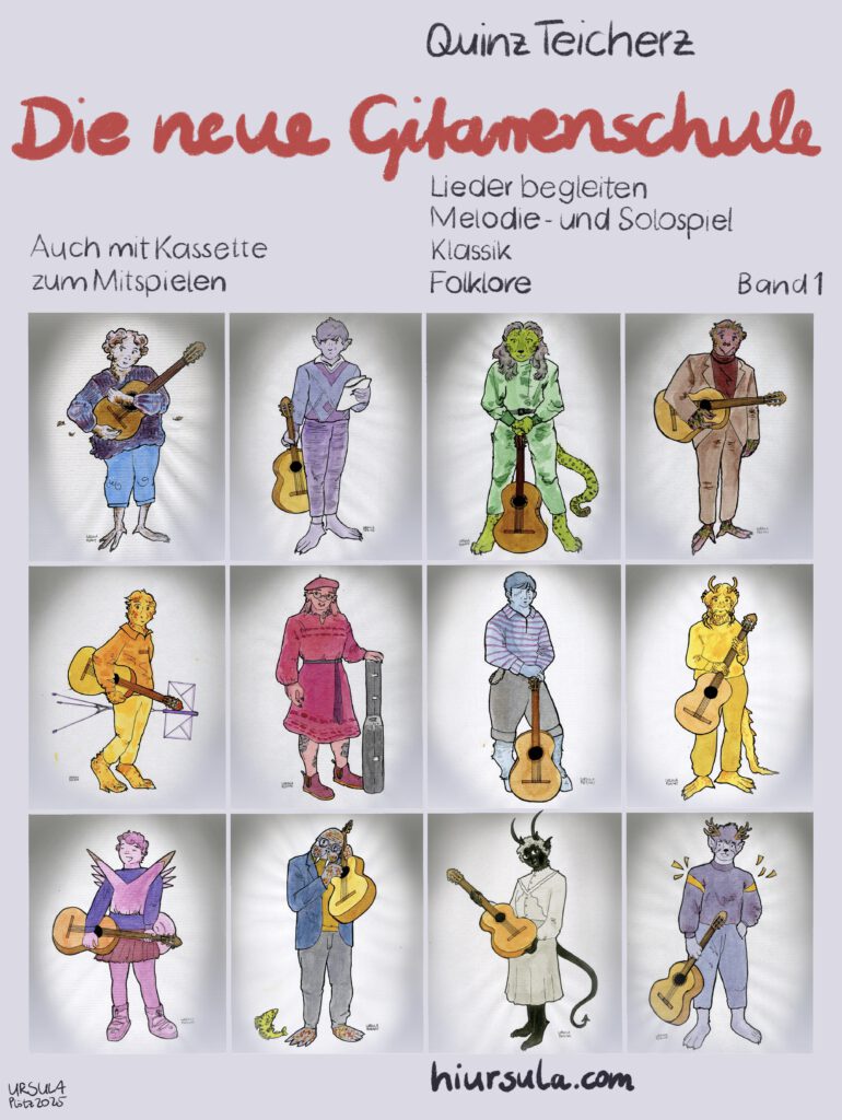 A book cover named “Die neue Gitarrenschule” with 12 supernatural Guitar Players, illustrated with ink
